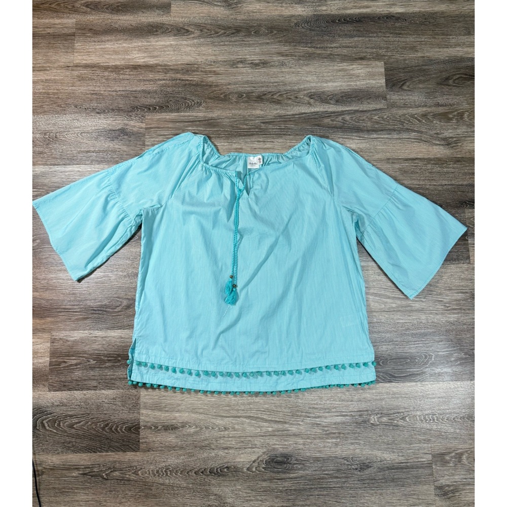 Rafaella Weekend Bell Sleeve Top Turquoise Pinstripe Pom Pom‎ Tassel Blouse XL